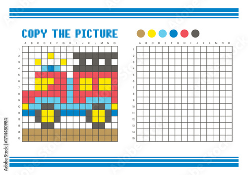 Copy the picture grid drawing worksheet for kids. Pixel art fire truck