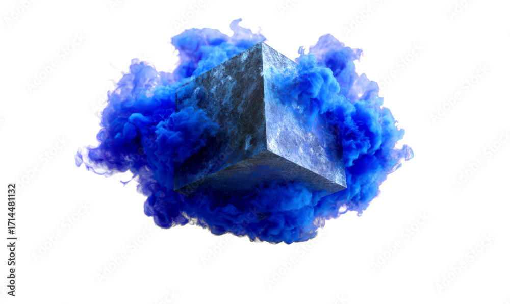 Obraz premium Geometric Cube Vaporizing in Mid Air with Blue Smoke Effect Isolate on Transparent Background, cutout, png
