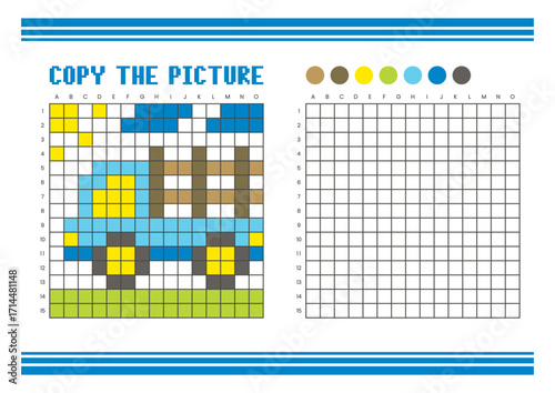 Copy the picture grid drawing worksheet for kids. Pixel art stake truck