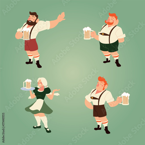 Group of Cheerful Bavarian Characters in Traditional Lederhosen and Dirndl Holding Frothy Beer Mugs at Oktoberfest in a Flat Vector Illustration