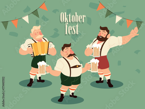 Cheerful Bavarian Men in Lederhosen Celebrating Oktoberfest with Beer Mugs and Accordion Music in a Festive Flat Vector Illustration