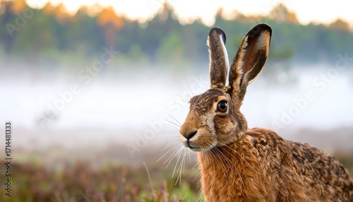Close-up of a brown hare in a foggy forest at dawn