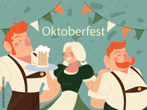 Vector Illustration of Oktoberfest Celebration with Bavarian Characters in Traditional Costumes Holding Beer Mugs