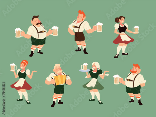 Vector Illustration of Oktoberfest Characters in Traditional Bavarian Costumes with Beer Mugs and Accordion