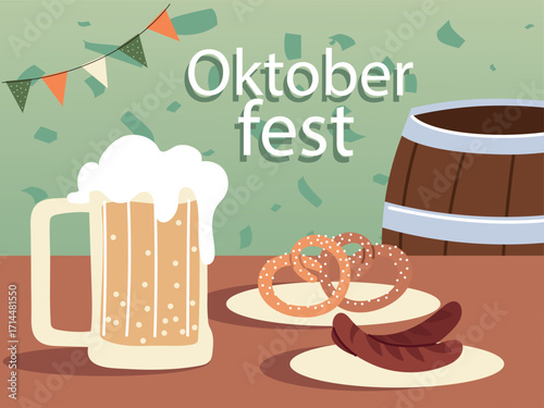 Vector Illustration of Oktoberfest Celebration with Beer Mug, Pretzels, Sausage, and Wooden Barrel
