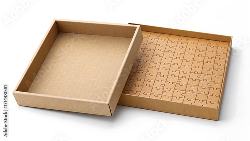 Open empty cardboard puzzle packaging box isolated on white background 
