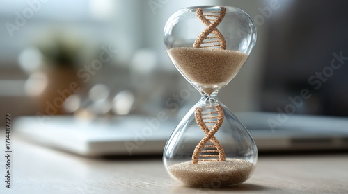 Hourglass with DNA Double Helix and Falling Sand Representing Time, Genetics, and Biological Aging Process