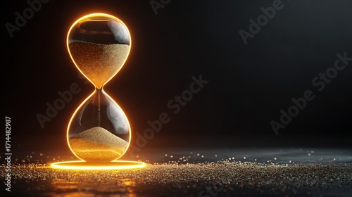 Glowing hourglass with flowing golden sand on dark background, symbolizing time passing