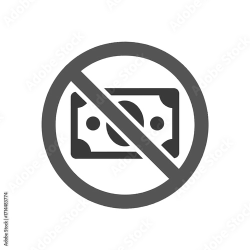 Minimalist no cash icon in gray circle with diagonal slash crossing out banknote, flat vector prohibition sign for cashless payment, modern and clean design isolated on white background