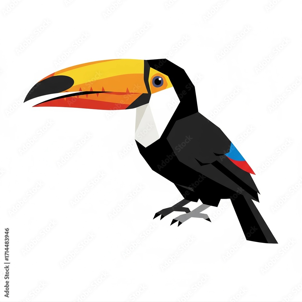 Naklejka premium Vibrant Geometric Toucan with Oversized Orange Beak and Blue Wing Accents Flat Design Illustration