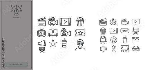 Film production icons representing various entertainment concepts and activities for a project related to cinema