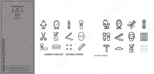 Collection of barber icons in minimalist style showcasing essential tools for grooming and haircutting activities