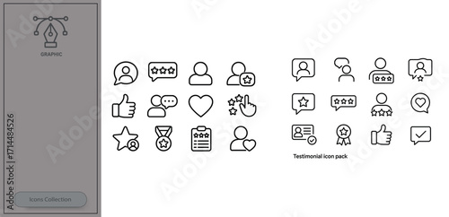 Variety of testimonial icons featuring stars, hearts, and user silhouettes in simple line design