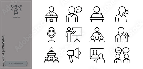 Icons of public speaking, presentations, and communication in various settings and formats