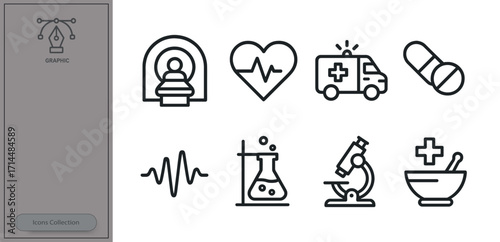 Healthcare and medical symbols representing various aspects of health, treatments, and emergency services