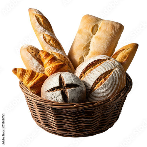 Assortment of freshly baked bread in a wicker basket.