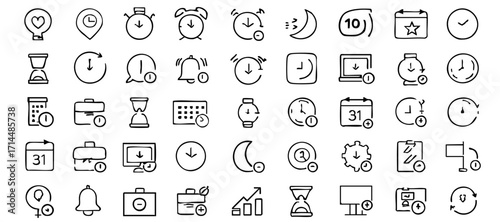 Minimalist 50 Time Line Icons Set with Editable Stroke – Clean Modern Thin Linear Vector Illustrations for Clock, Calendar, Alarm, Schedule, and Time Management Concepts