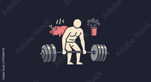 Illustration of a muscular man lifting weights, with a pig and a plant in the background, representing fitness and health