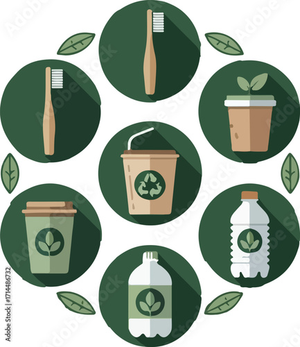 Sustainable lifestyle icons set with bamboo toothbrush, compostable cup, reusable bottle, eco-friendly packaging, and biodegradable product — circular design vector illustration