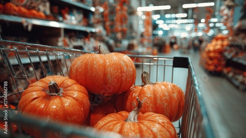 Festive Halloween pumpkins inside a metal shopping cart in a supermarket aisle, showcasing a seasonal autumn retail concept for grocery shopping, fall promotions, holiday decor, and cozy spooky vibes