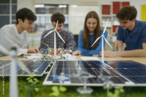 Students collaborate on renewable energy project using solar panels and wind turbines