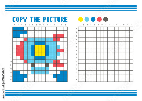 Copy the picture grid drawing worksheet for kids. Pixel art zeppelin