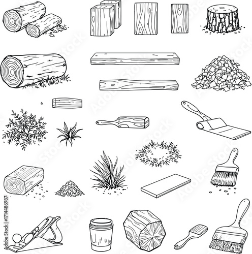A detailed line art illustration featuring various wood materials and woodworking tools on a white background