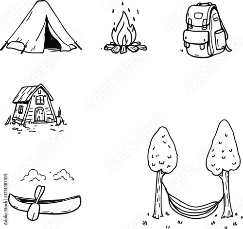 Doodle style camping icons featuring a tent campfire backpack cabin canoe and hammock between trees drawing