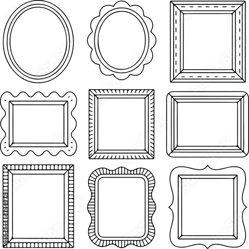 A charming collection of hand-drawn picture frames and doodle borders in various shapes. This isolated set of empty decorative outlines is perfect for scrapbooking