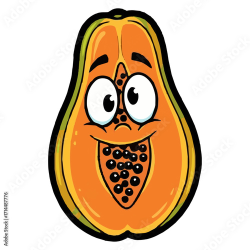 Happy Papaya Fruit Cartoon Character, Smiling Tropical Food Mascot, Cute and Cheerful Papaya Illustration, food packaging, summer promotions, children's content, and branding for healthy snacks juices