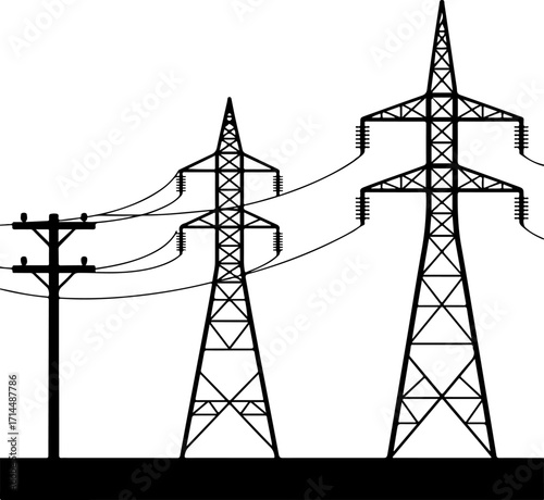 Power Lines Against the Sky Black and White Silhouette of Electrical Transmission Towers