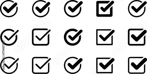 Versatile black checkmark symbols for user interface design, representing completion, selection, and affirmation across diverse digital applications, enhancing user experience with clarity
