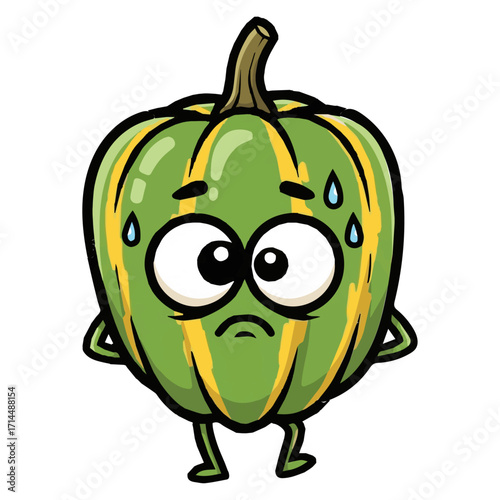 Worried Green Vegetable Cartoon Character, Anxious Pepper Mascot Illustration, Cute and Stressed Food Graphic, ideal for children's media, food-related content, and humorous health campaigns.