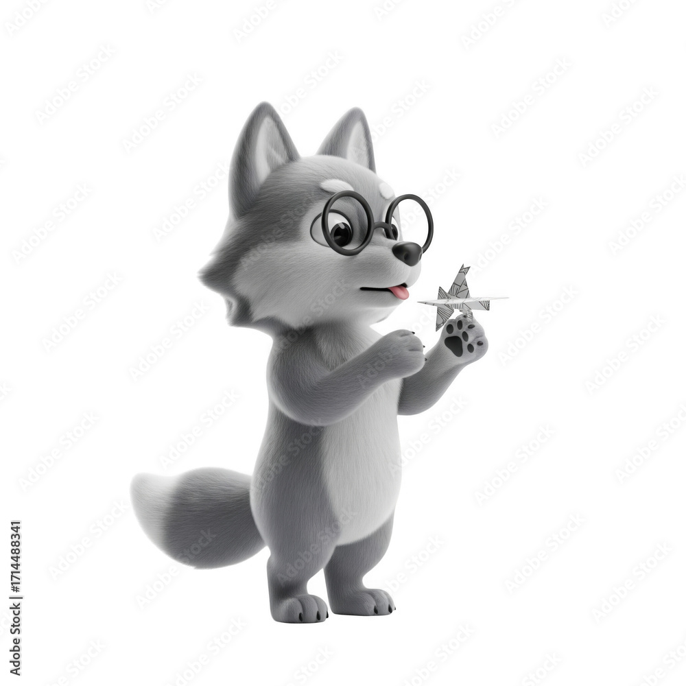 Obraz premium Whimsical Wolf Character with Glasses Ponders Origami Bird on Black Backdrop