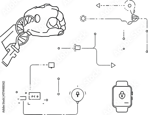 Robotic hand holding dna strand connected to digital network with smartwatch and security lock icons