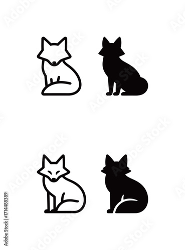 Collection of black and white fox icons, featuring a cunning wild animal known for its cleverness.