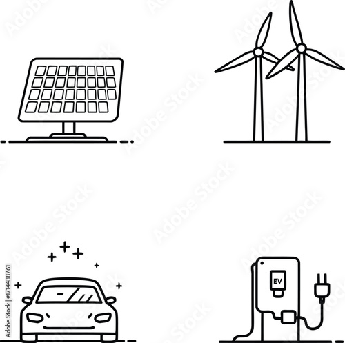 Icons representing renewable energy and electric vehicle infrastructure in a simple line art style