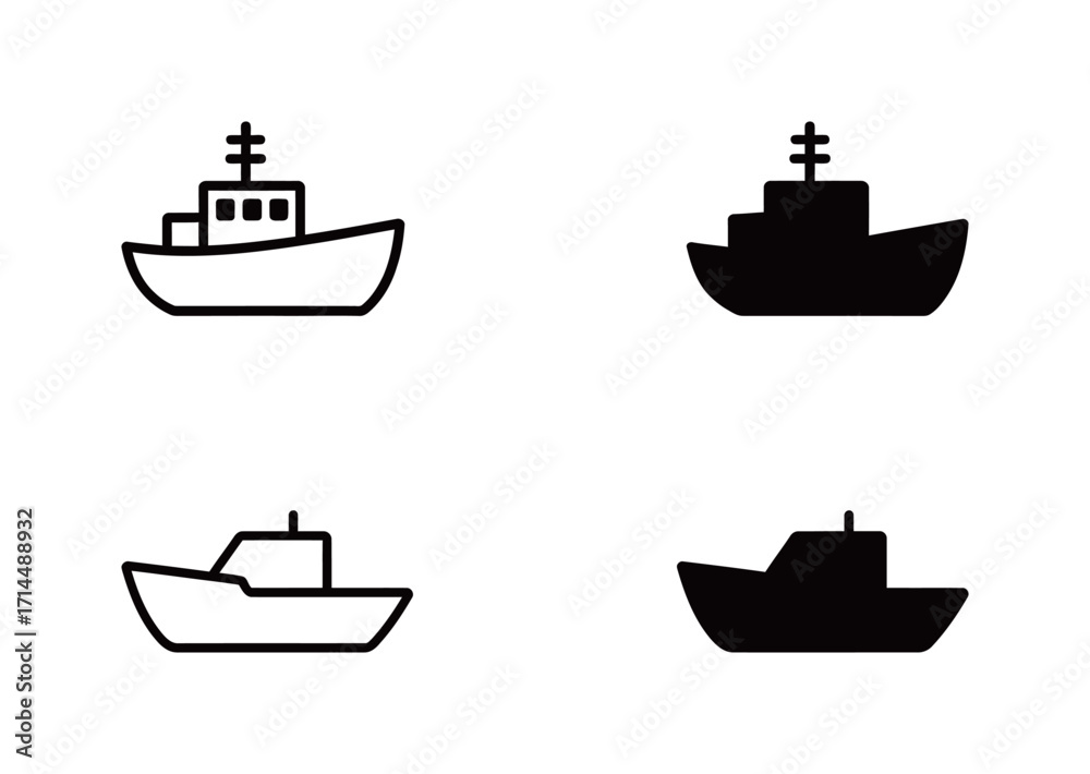 Obraz premium Black and white ship and boat icons, featuring a variety of marine vessels for transportation and travel concepts.