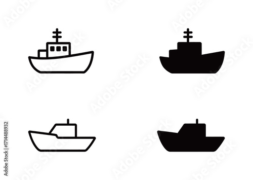 Black and white ship and boat icons, featuring a variety of marine vessels for transportation and travel concepts.