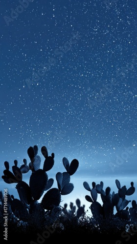 Prickly pear silhouette casts shadows beneath a magical moonlit night, stars glimme above in a vast nocturnal s under the southwestern desert sky.