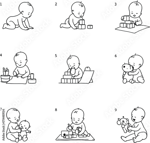 Nine stages of a baby's development from crawling to playing with toys in a line art illustration