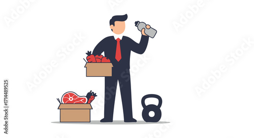 Healthy Choice Businessman with Fresh Food and Exercise Equipment