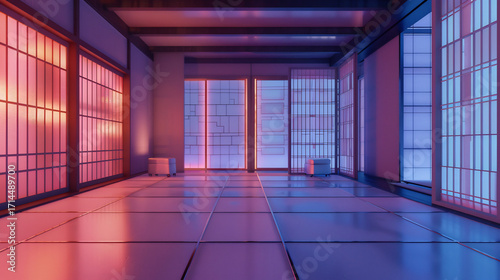 Wallpaper Mural Empty futuristic room with Japanese minimalist architecture and vibrant neon lighting Torontodigital.ca
