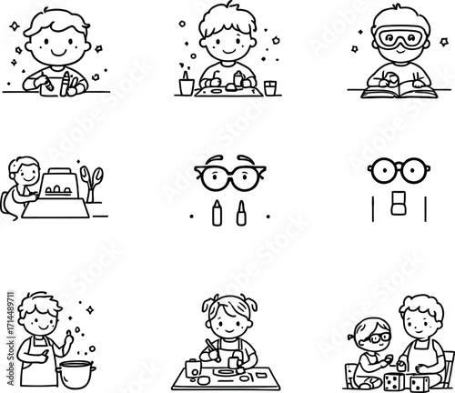Collection of outline drawings depicting children engaging in various activities and eyeglasses icons