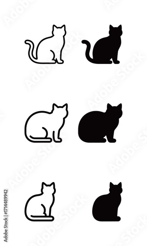 Set of black and white cat icons, featuring a sitting feline in various styles for pet and animal themes.