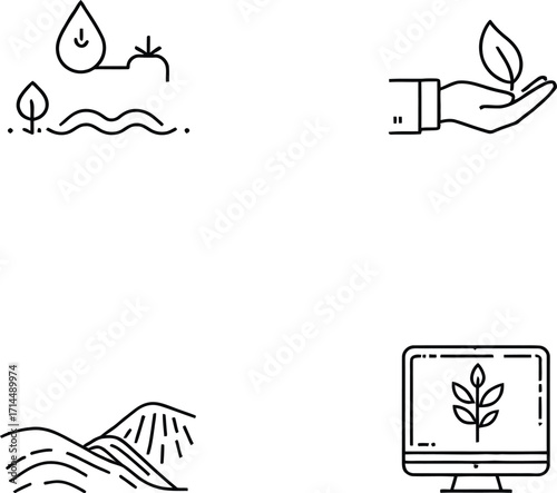 Four ecology icons showing water drop, hand with leaf, landscape and computer with plant symbol