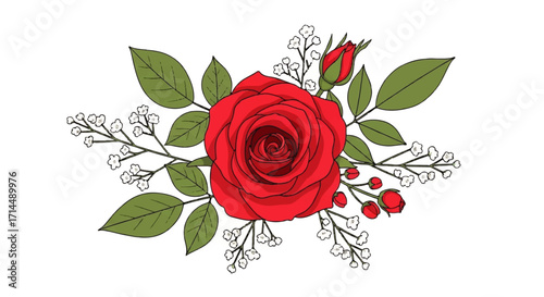 Romantic Red Rose and Delicate Floral Arrangement Illustration