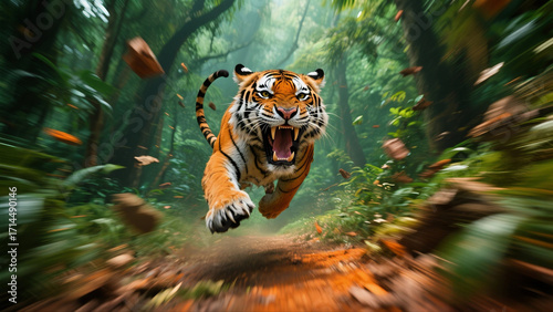 Tiger running wildly in the forest