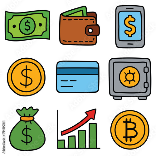 Hand-drawn cartoon finance icon set isolated on white background. Banknote, wallet, mobile phone, coin, debit or credit card, safe, money bag, growing graph, bitcoin. Vector illustration.