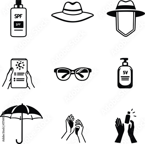 Icons depicting sun protection with sunscreen, hats, sunglasses, and umbrella in a simple black design